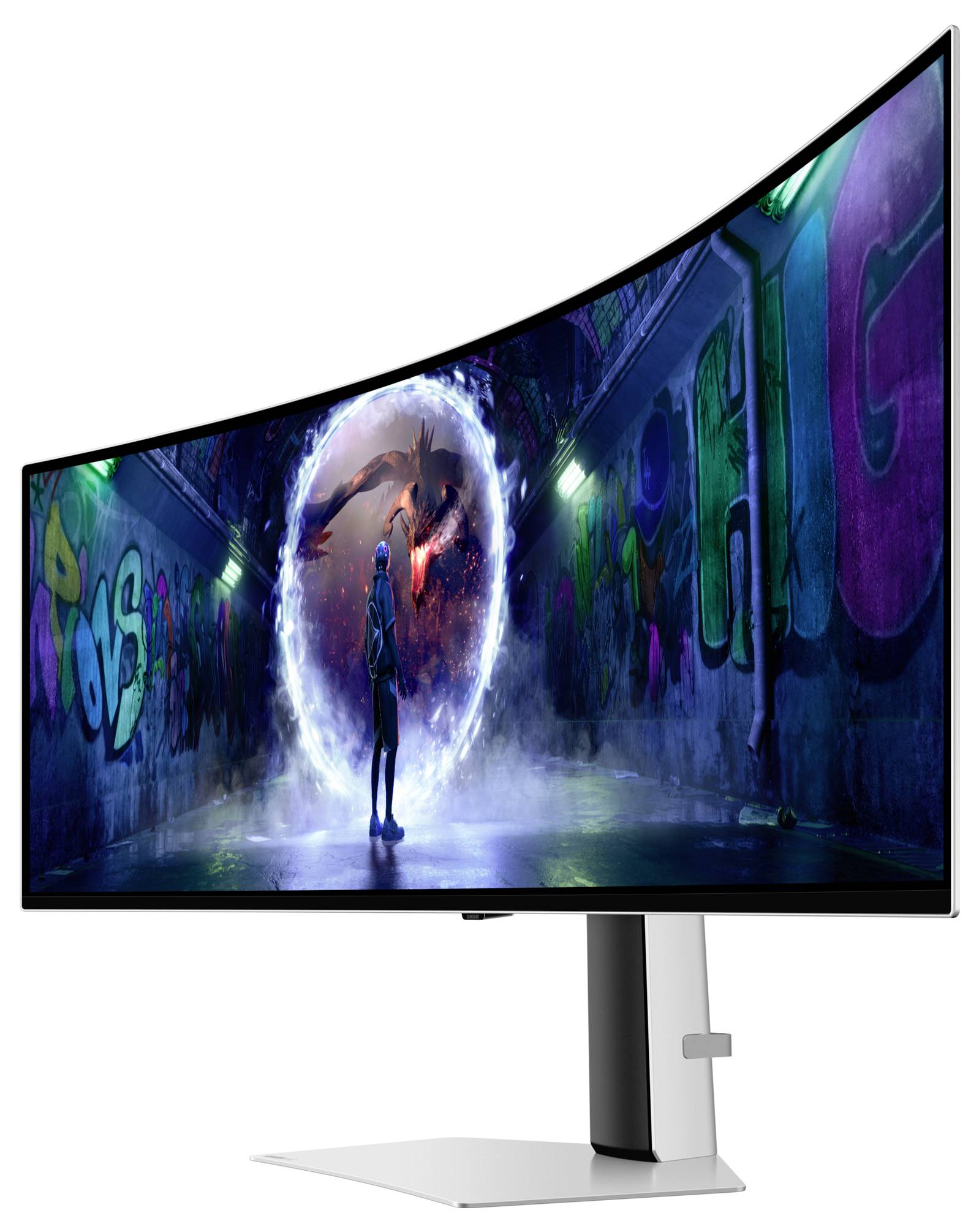 Zakrivený monitor zobrazuje futuristickú scénu s osobou pred žiariacou bránou v urbánnom prostredí.