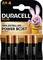 Štyri batérie Duracell AA v originálnom balení, s maskotom Duracell králika na obale. Reklamný text "až o 150% dlhšia výdrž".
