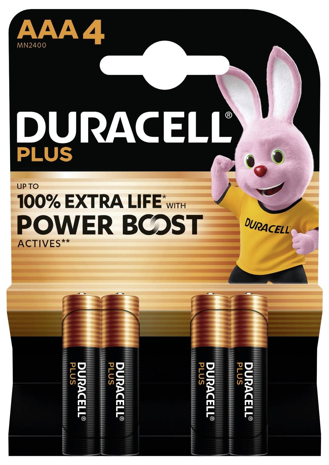 Batérie Duracell Plus AAA, 4-balenie. Až o 100 % dlhšia životnosť s Power Boost Actives. Obsahuje maskota Duracell Bunny.