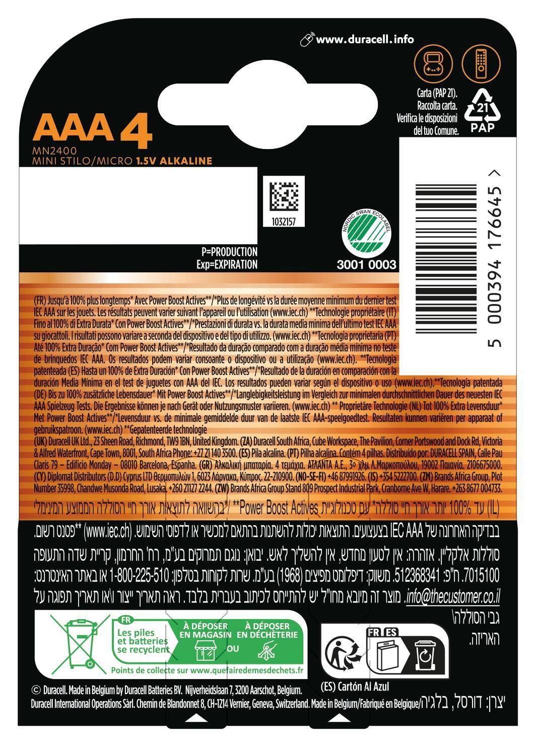 „Duracell AAA alkalické batérie, štítok balenia 4-balenia. Zahŕňa informácie o produkte, čiarový kód, symboly recyklácie a kontaktné údaje."