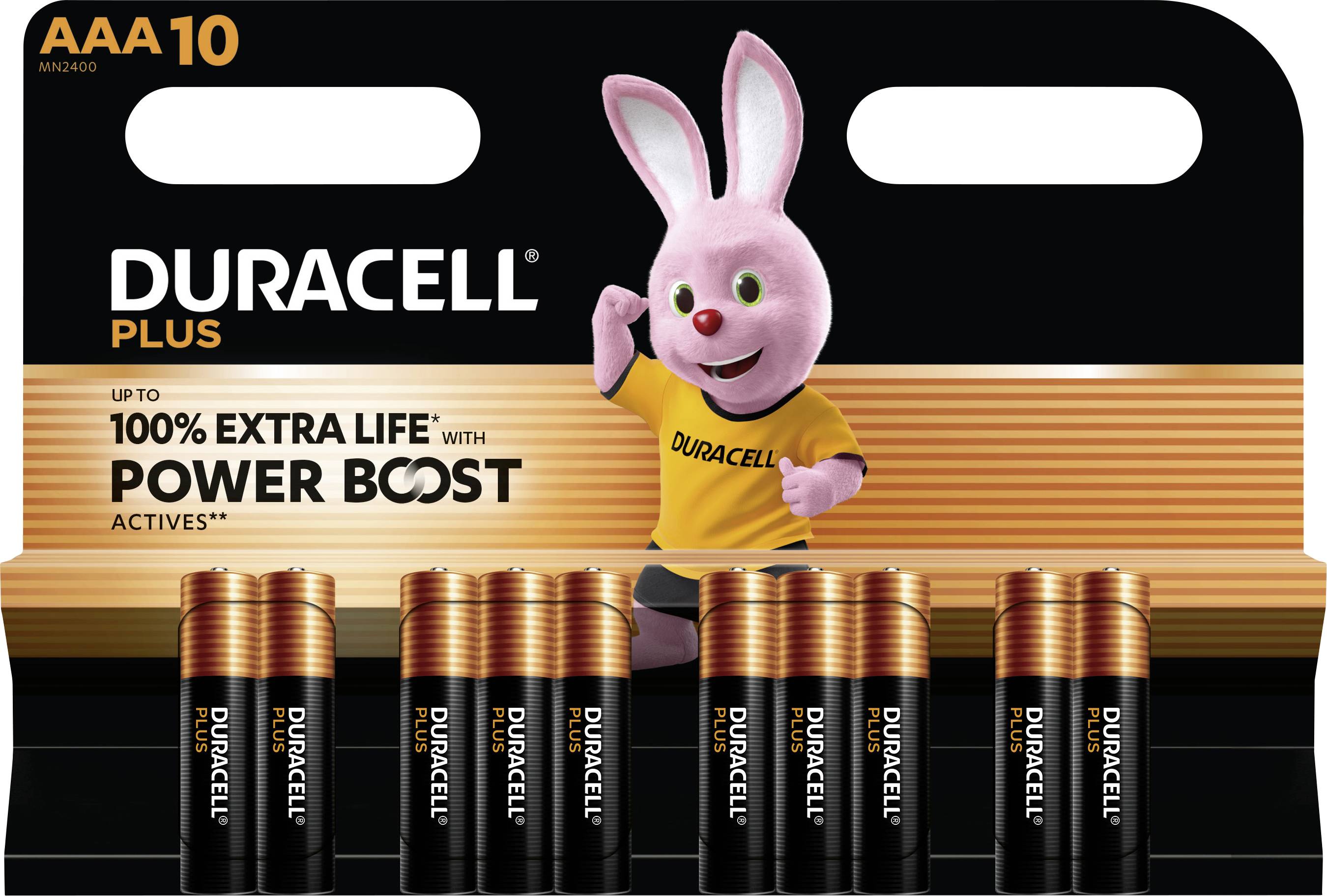 Balenie batérií Duracell Plus AAA, zobrazuje 10 kusov. Tlačený nápis: 'Až o 100% dlhšia výdrž vďaka Power Boost'.