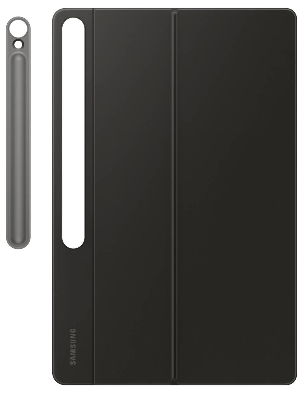 Čierny obal na tablet Samsung s držiakom na pero po boku, navrhnutý na ochranu a uloženie tabletu a stylusa.