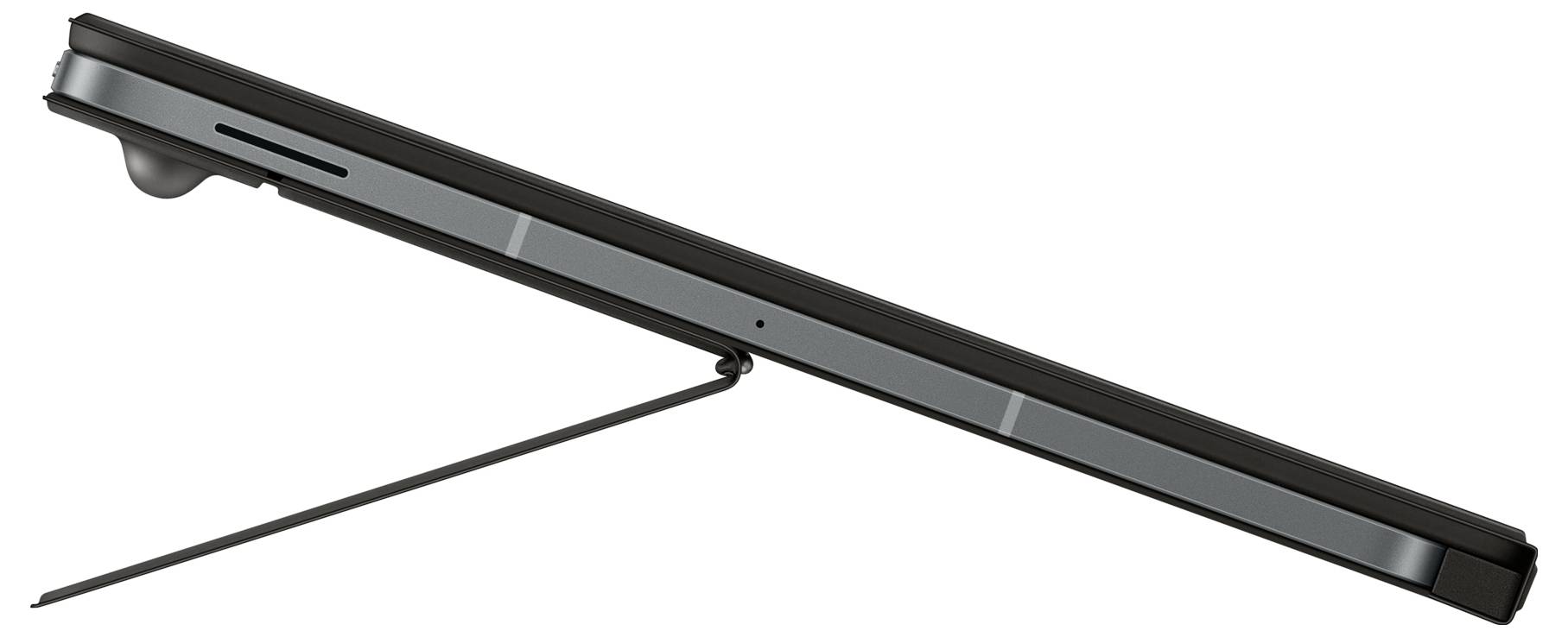 Pohľad z boku na tablet s vyklopeným stojanom, ktorý ukazuje jeho štíhly profil a moderný dizajn.
