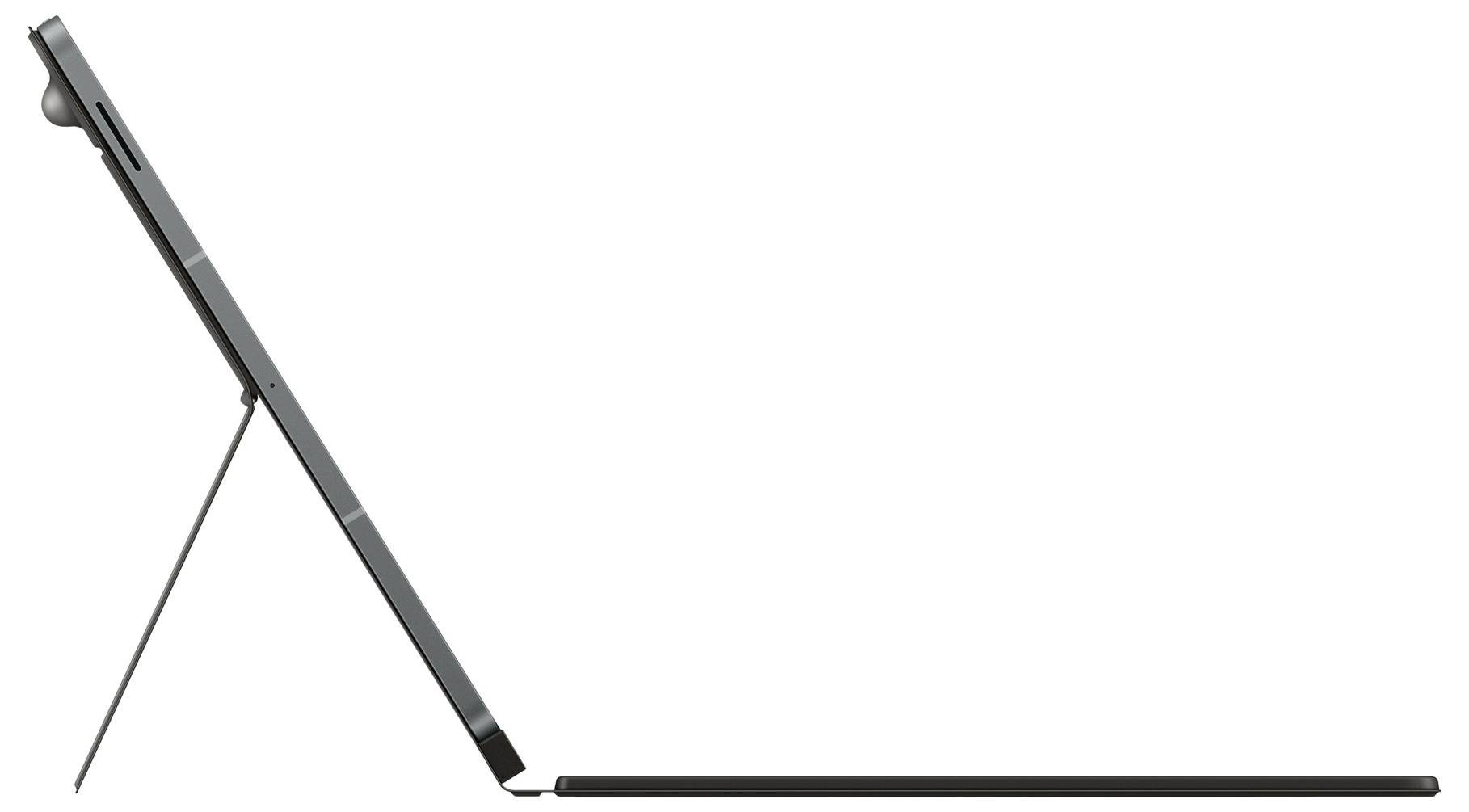 Pohľad z boku na tenký tablet s odpojiteľnou klávesnicou a stojanom, umiestnený vzpriamene na rovnom povrchu.