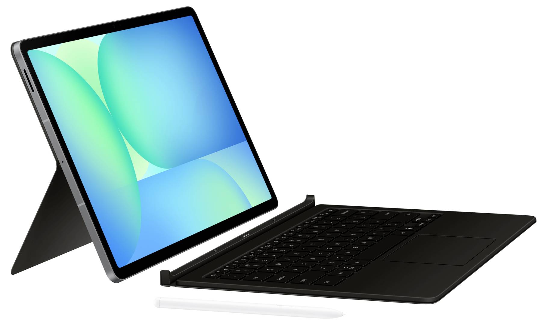 Tablet s klávesnicou a stylusom; obrazovka zobrazuje abstraktné modré a zelené tvary.