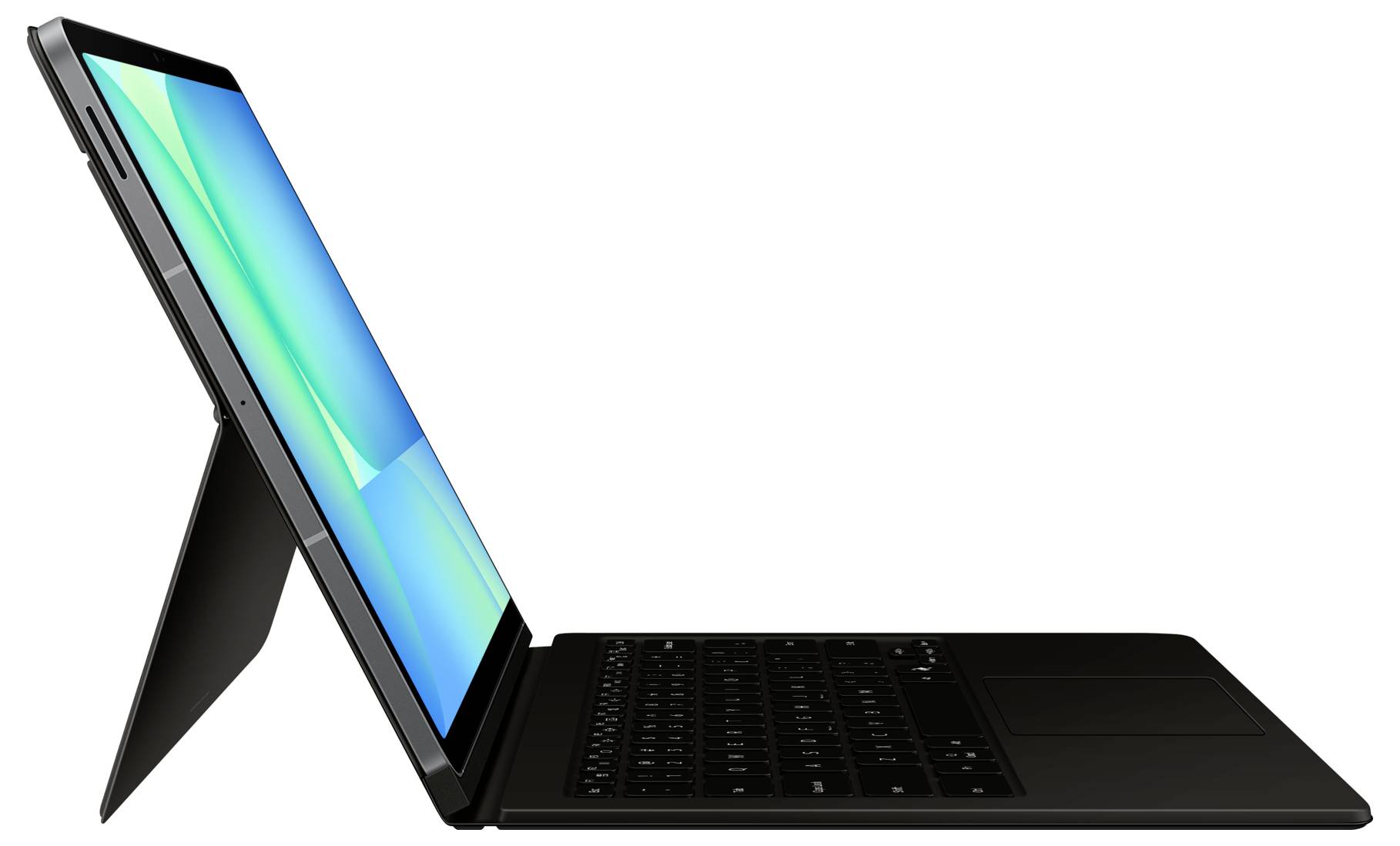 Pohľad zboku na elegantný, čierny tablet s výklopným stojanom a odnímateľnou klávesnicou. Na obrazovke je zobrazené pozadie s prechodom modrej a zelenej farby.