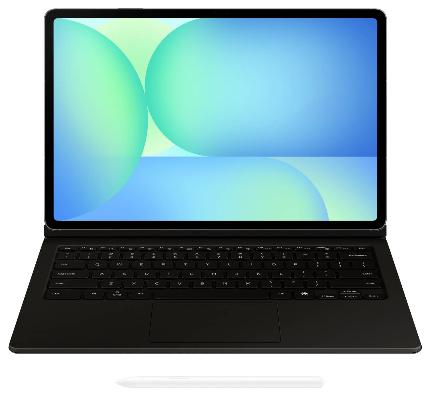 Čierny tablet s odnímateľnou klávesnicou a stylusom umiestnený vpredu, zobrazujúci živý abstraktný modrý a zelený pozadím na obrazovke.