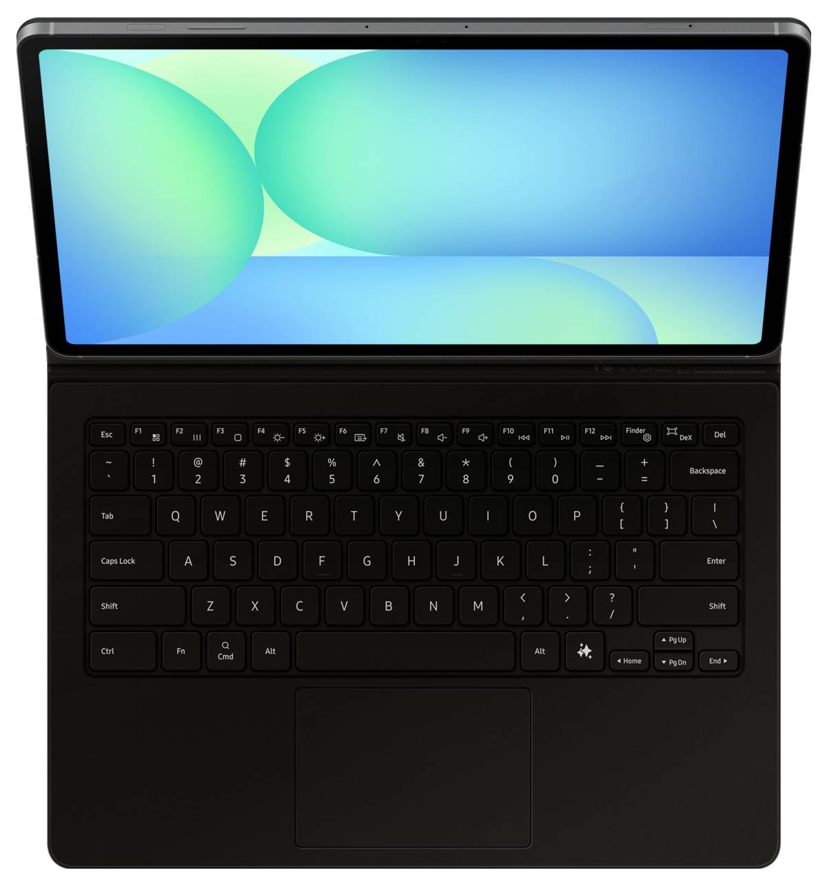 Notebook s čiernou klávesnicou je otvorený a na obrazovke zobrazuje modrý a zelený abstraktný dizajn.