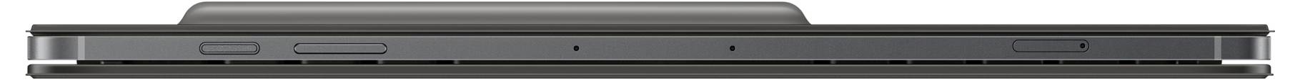 Čierne elektronické zariadenie so zalomiteľnou konštrukciou, viditeľnými pántami a bočným profilom s tlačidlami, čo naznačuje prenosný alebo sklápací dizajn.