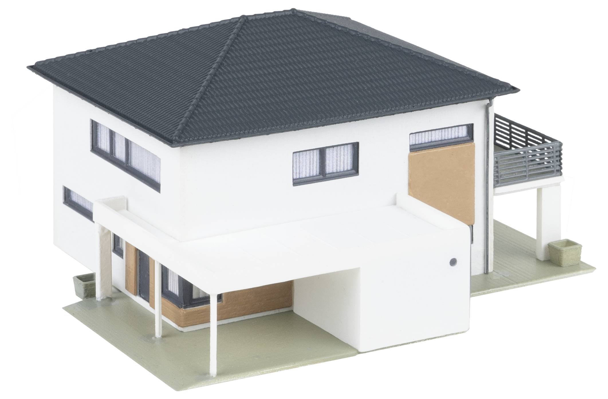 Model moderného dvojpodlažného domu s plochou strechou, bielou fasádou, veľkými oknami a malým balkónom.