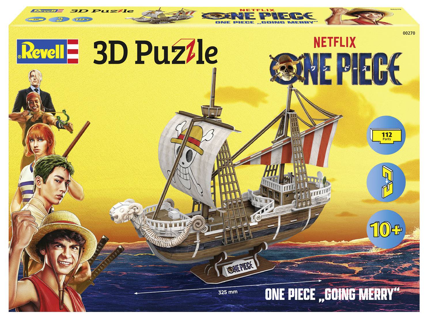 Obal 3D puzzle od Revell, inšpirovaný seriálom Netflix 'One Piece'. Zobrazuje loď 'Going Merry'. Vhodné pre deti od 10 rokov.