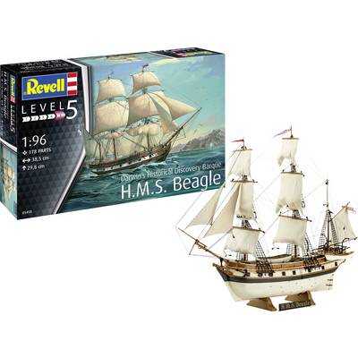 Model lode H.M.S. Beagle od Revell, mierka 1:96, úroveň 5. Znázorňuje loď s detailným trupom a plachtovou konfiguráciou.