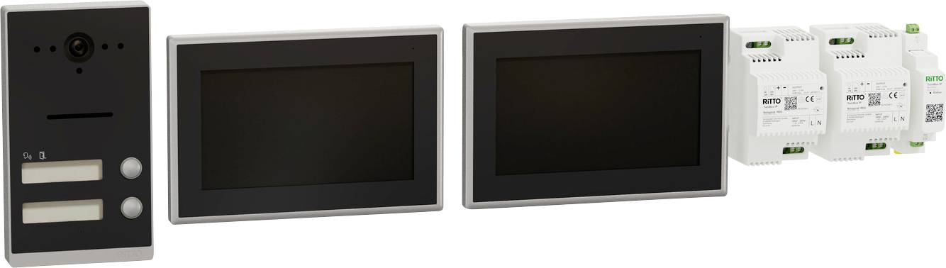 Systém videovrátnika a domáceho interkomu s dvoma obrazovkami a troma ovládacími zariadeniami umiestnenými vedľa seba.