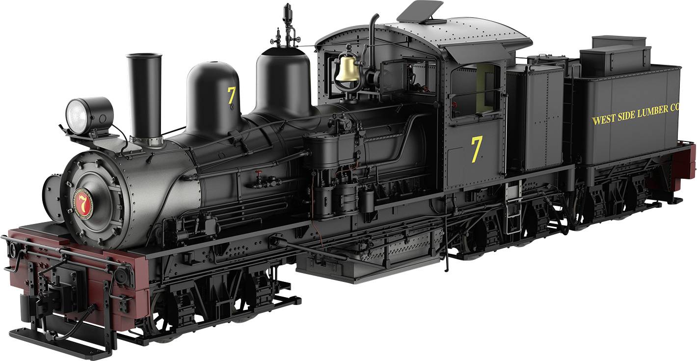 Čierna parná lokomotíva s nápisom 'WEST SIDE LUMBER CO.' a číslom 7 na boku zlatými písmenami.
