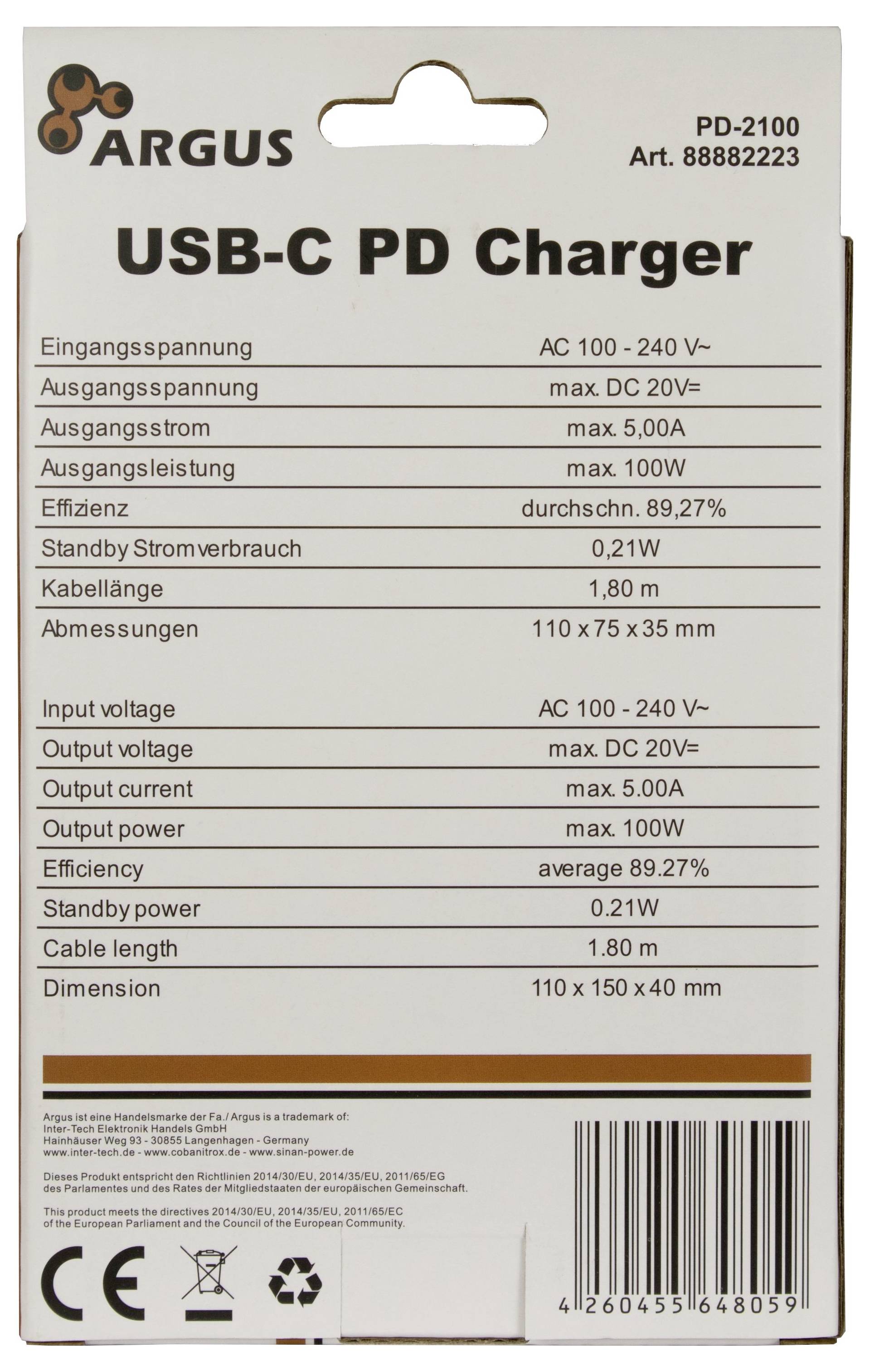 Inter-Tech PD-2100 USB nabíjačka do interiéru, max. prúd 5 A, 1 x USB Power Delivery (USB-PD), rýchlonabíjačka, 88882223-2