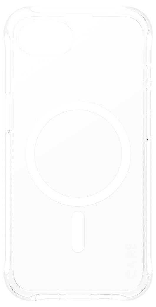 Priehľadný obal na mobil s kruhovým symbolom MagSafe pre bezdrôtové nabíjanie. Minimalistický dizajn, poskytuje ochranu zariadenia.