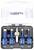 Sada štyroch modrých diamantových vrtákov do skla v rozmeroch 6 mm, 8 mm, 10 mm a 12 mm s adaptérom, umiestnená v otvorenej priehľadnej krabičke.