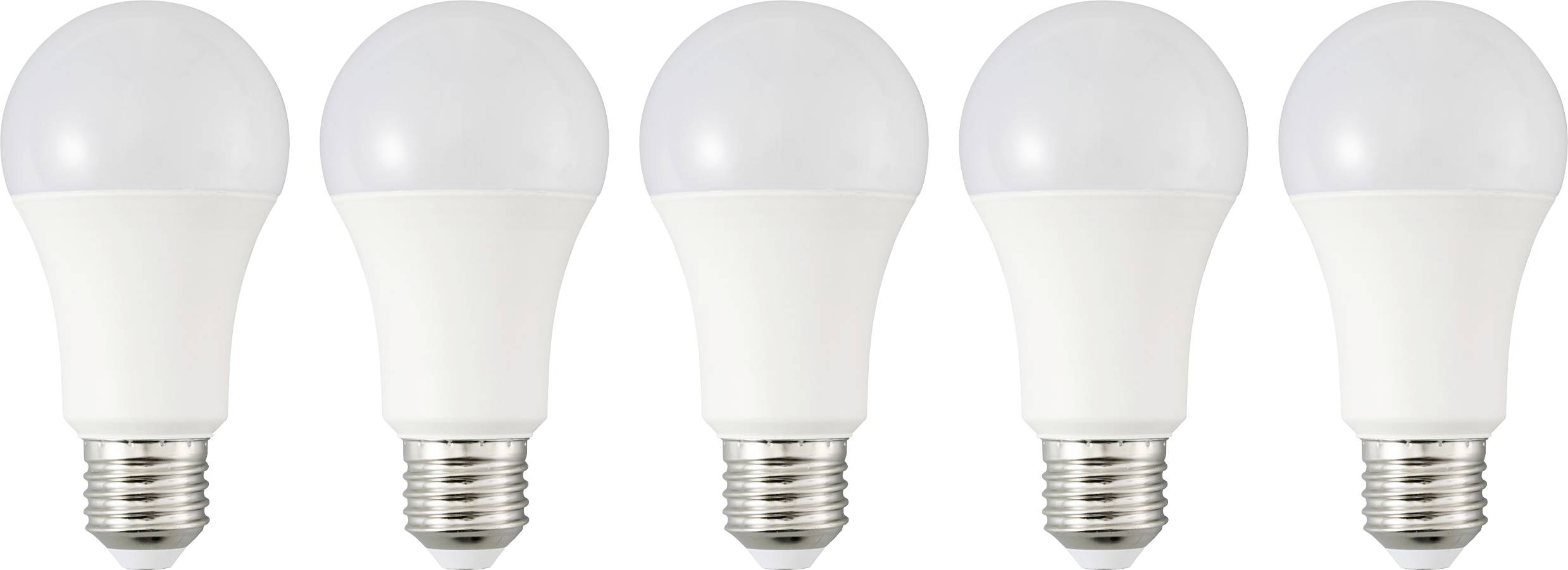 Päť LED žiaroviek umiestnených v rade, ktoré vykazujú moderný, energeticky úsporný dizajn s bielym vrchom žiarovky a striebornou skrutkovacou základňou.