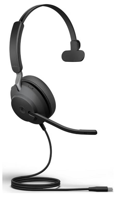 Čierna jednostranná headset so zabudovaným mikrofónom a káblom, vhodná pre telefonické hovory alebo online stretnutia.
