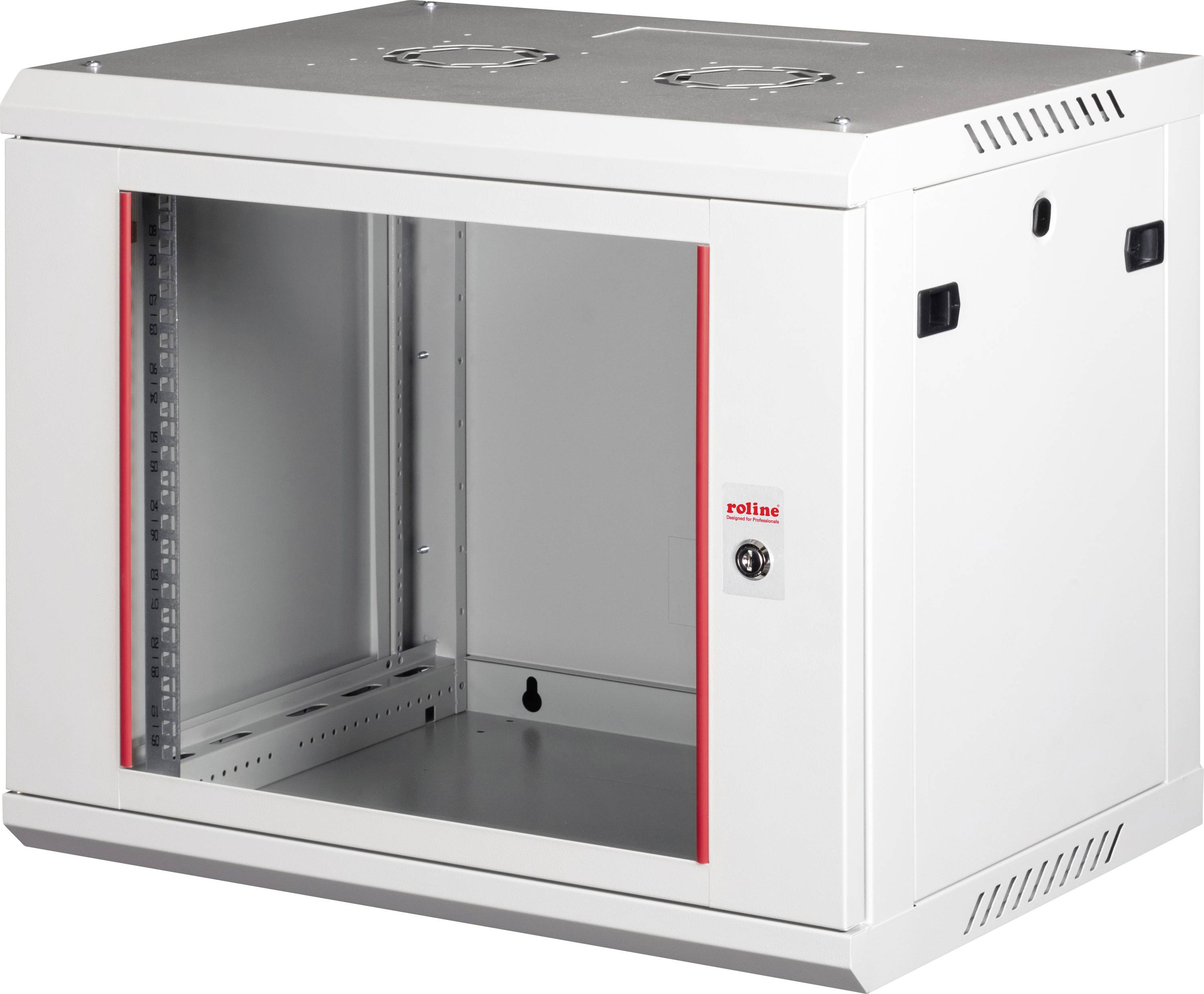 Biela závesná skriňa s preskleným dvierkami a vetracími otvormi, vhodná pre umiestnenie sieťového alebo serverového vybavenia.