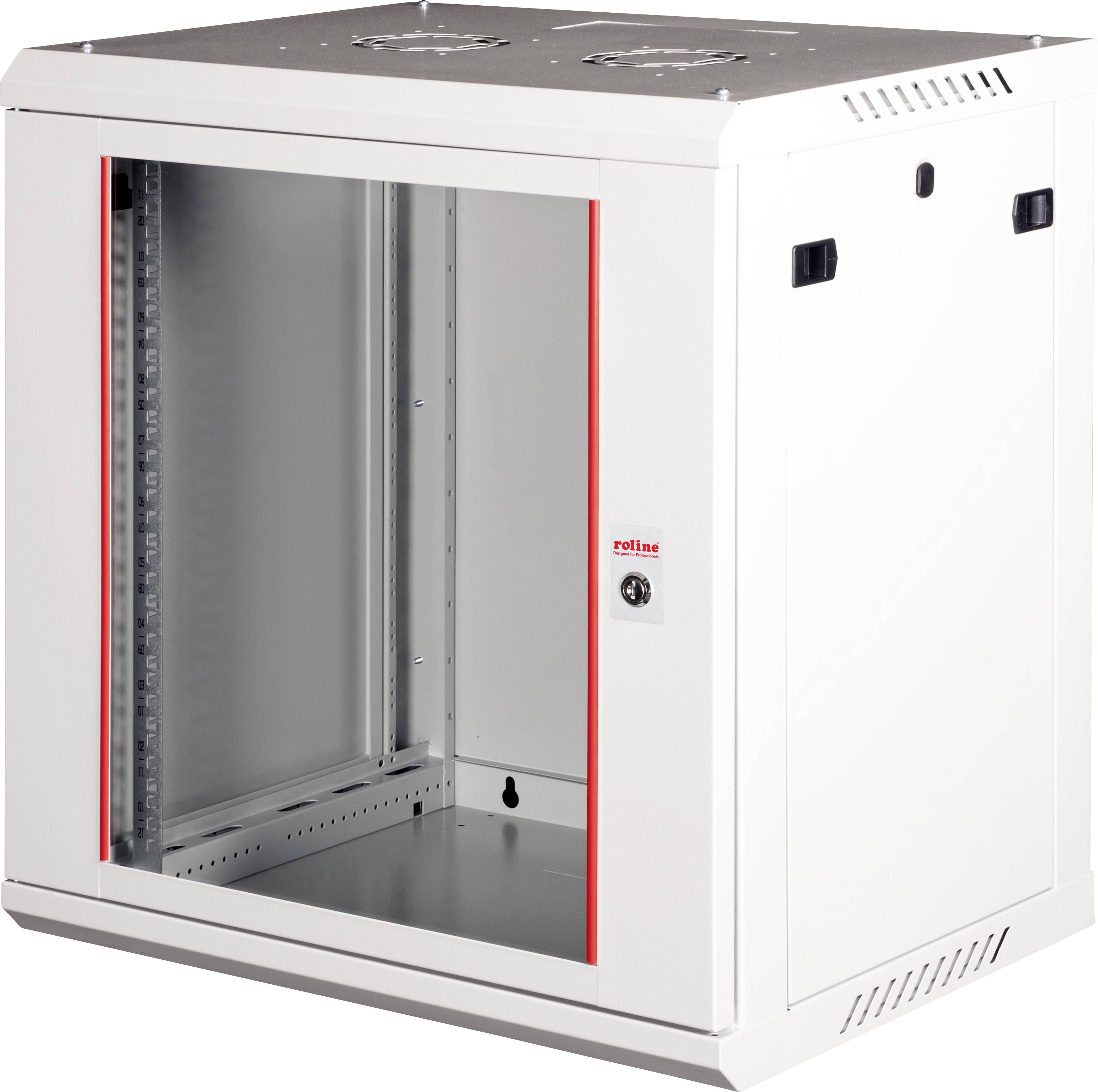 Biely kovový serverový rack so sklenenými dverami, červeným lemovaním a uzamykateľnou kľučkou, navrhnutý pre bezpečné uloženie elektronického zariadenia.