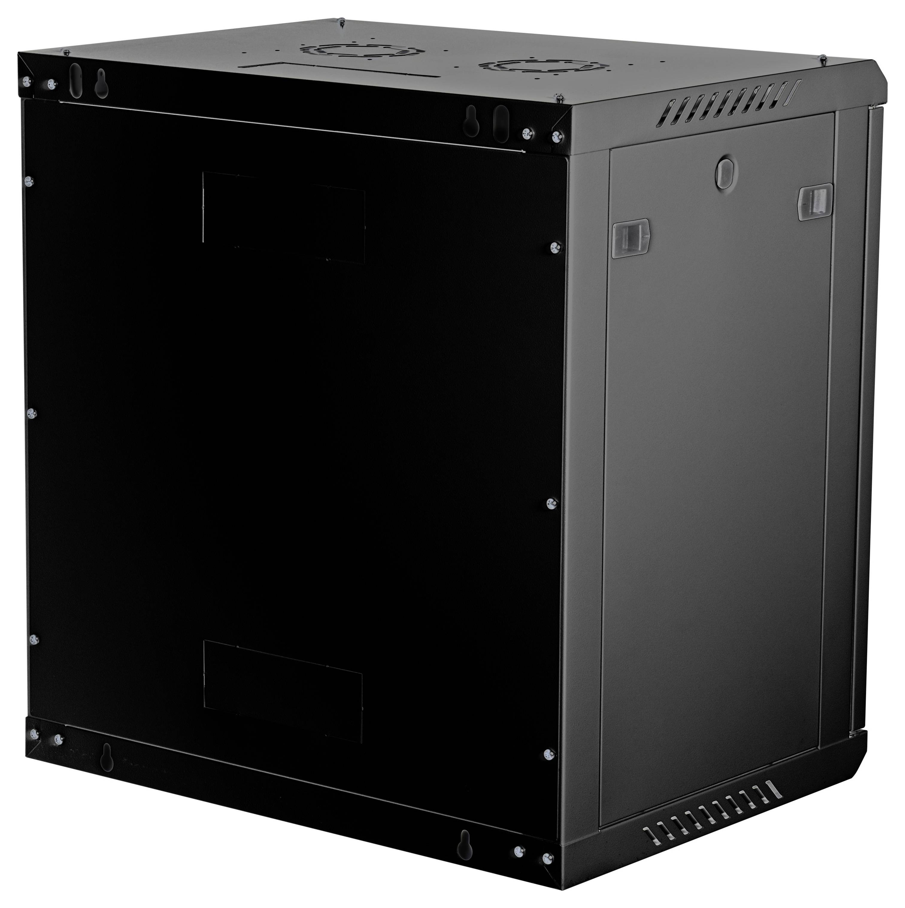 Čierny, obdĺžnikový serverový rozvádzač so ventilačnými panelmi na stranách a vrchu, navrhnutý na bezpečné umiestnenie IT zariadení.