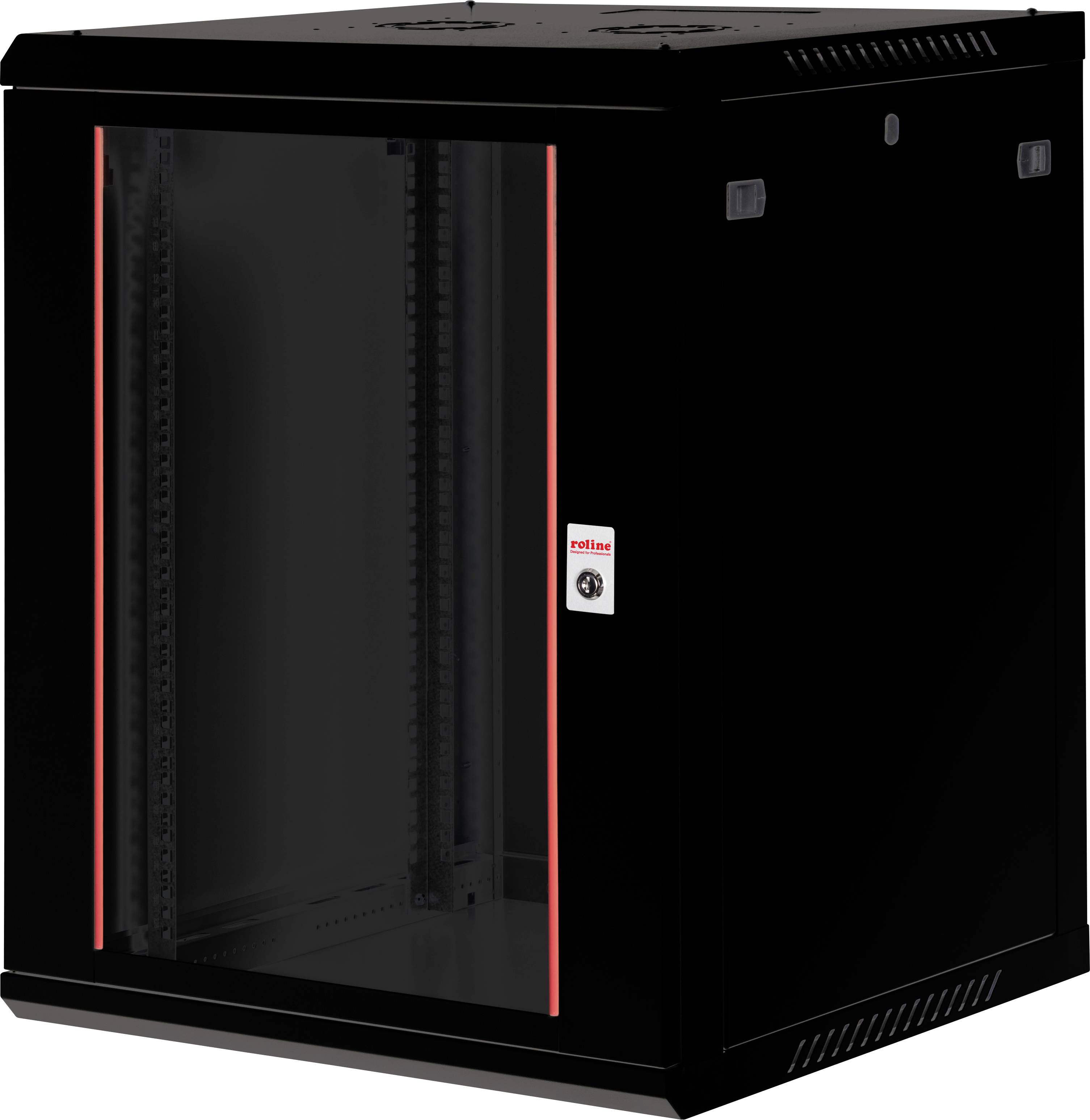 Čierny serverový rack s priesvitnými dverami, lemovanými červeným obrysovým okrajom. Rack je prázdny a umiestnený pred jednofarebným pozadím.