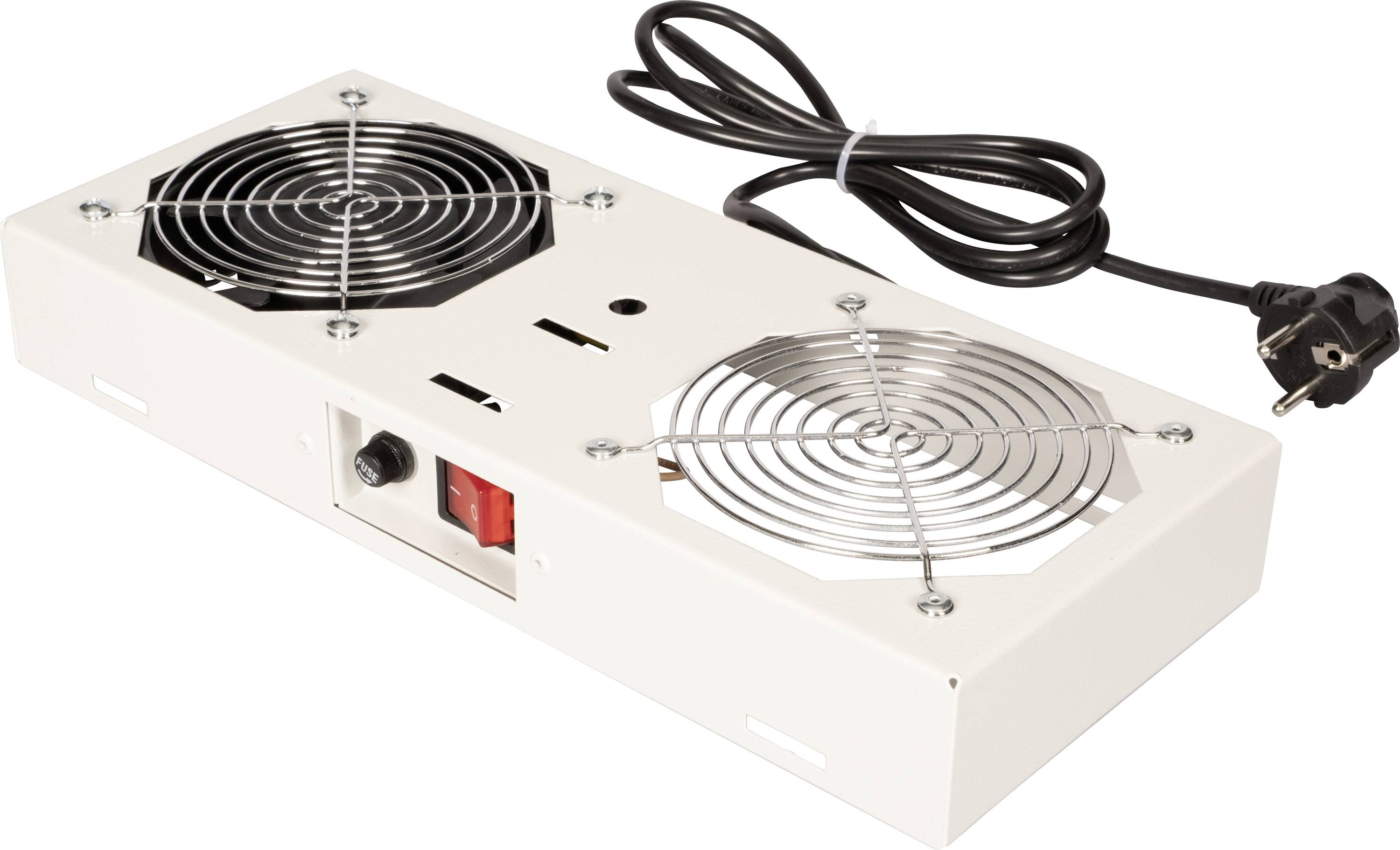 Biele obdĺžnikové zariadenie s dvoma kruhovými ventilátormi, vypínačom a napájacím káblom.