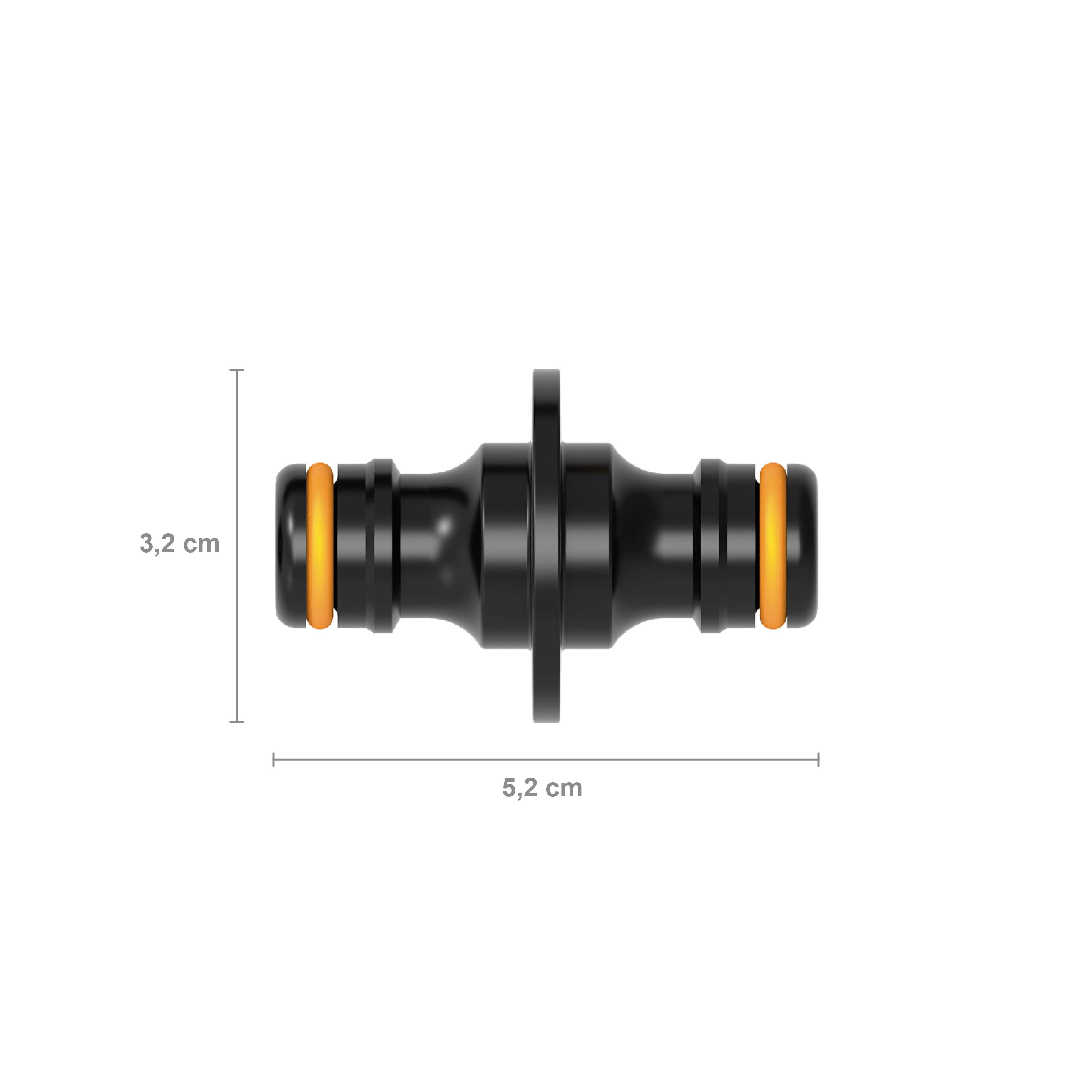 Čierny plastový konektor s dvoma oranžovými tesneniami, vysoký 3,2 cm a široký 5,2 cm, pohľad z boku.