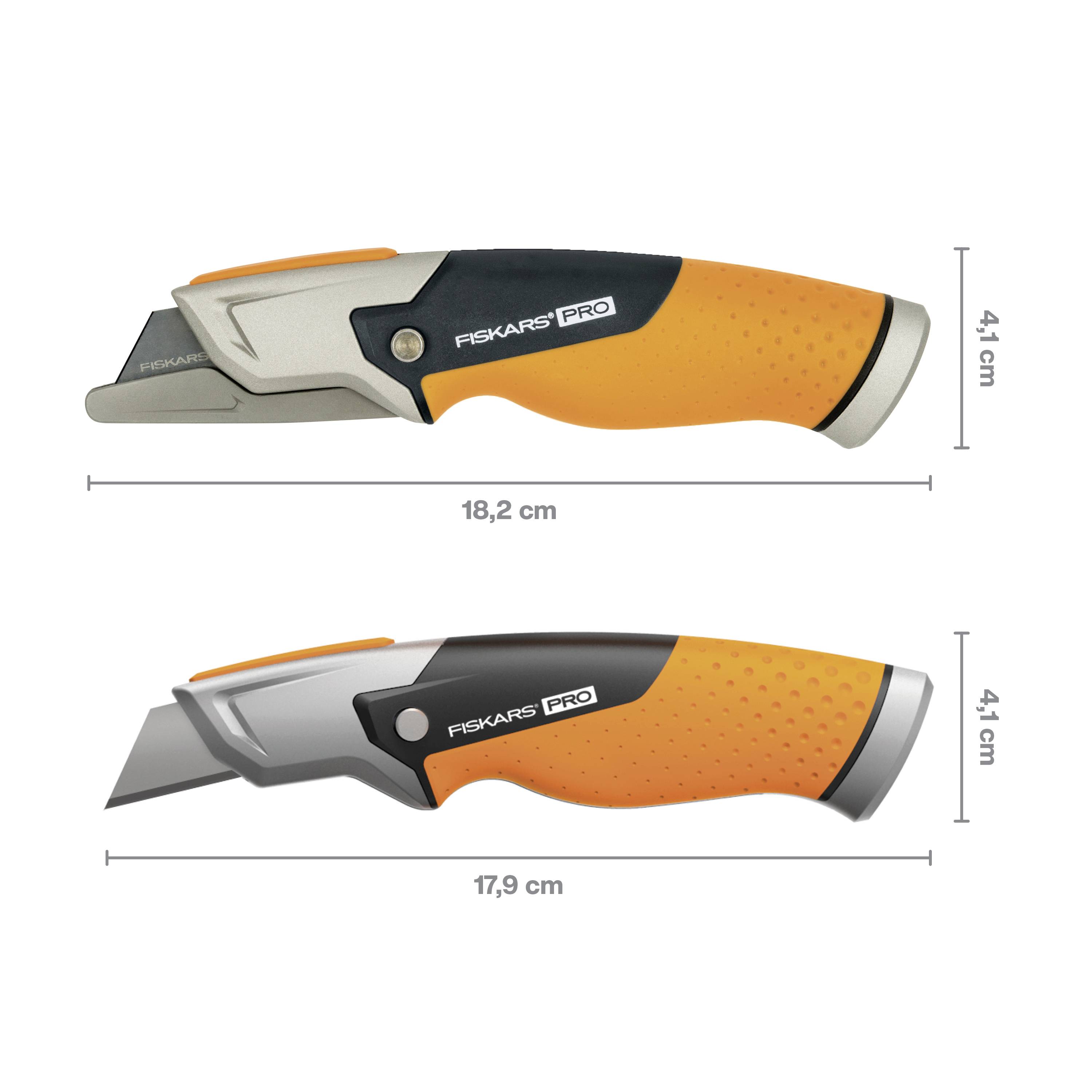 Dva bezpečnostné nože značky Fiskars s oranžovou rukoväťou, s rozmermi: 18,2 cm a 17,9 cm dĺžky, obe 4,1 cm výšky.