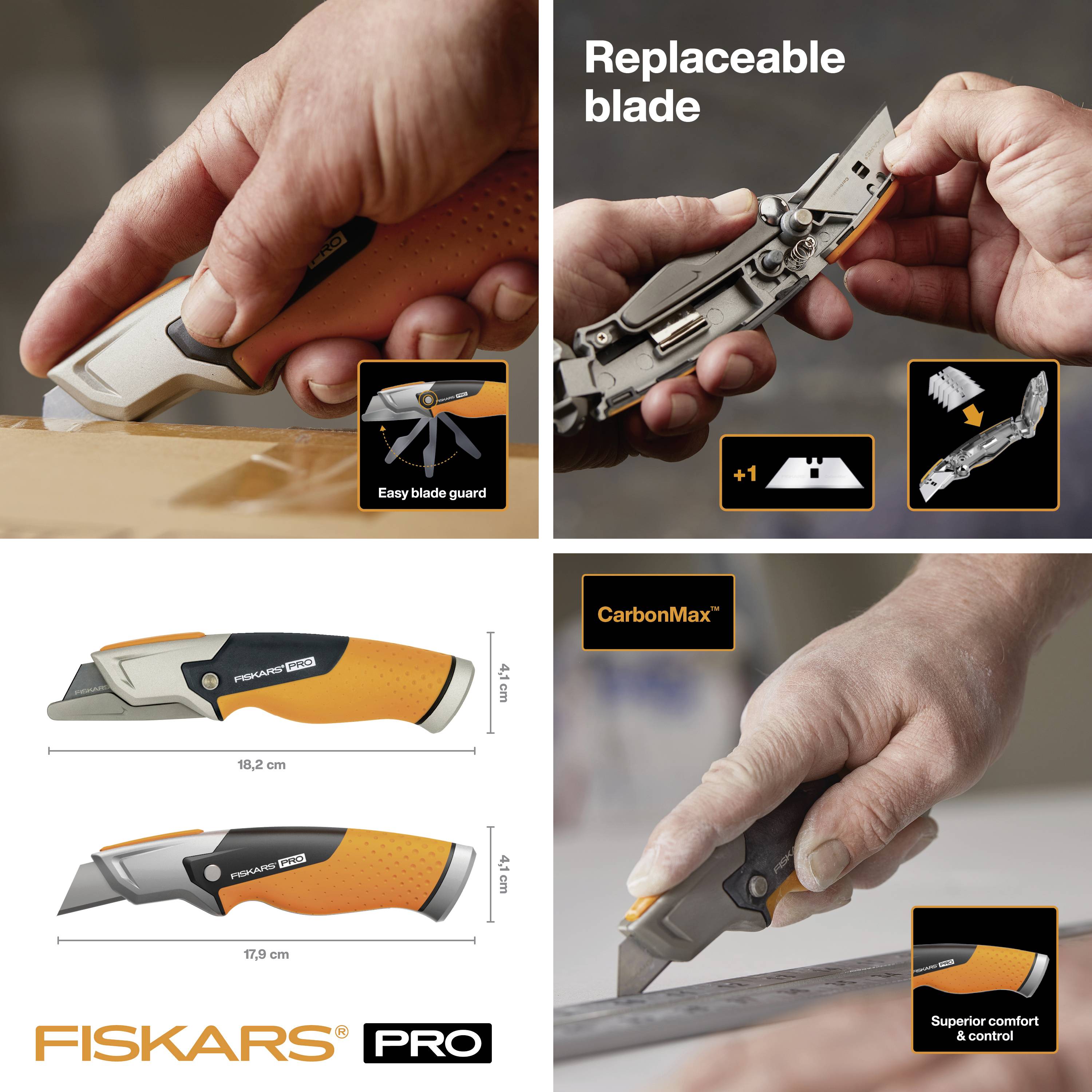 Používa sa remeselný nôž značky Fiskars s výmennou čepeľou. Má mechanizmus na výmenu čepele a kryt čepele.