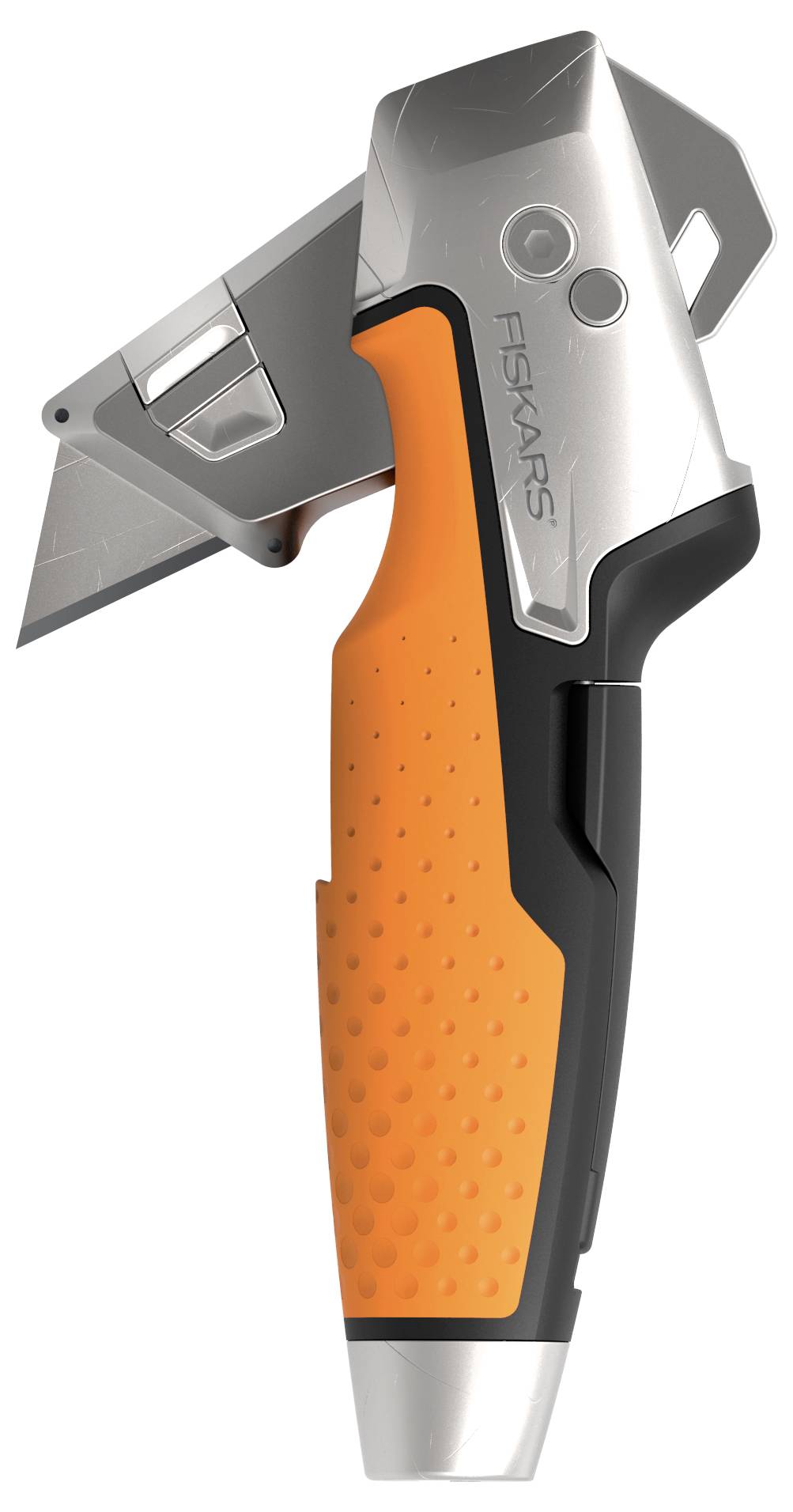 Strieborný a oranžový univerzálny nôž Fiskars s výsuvnou čepeľou a ergonomickou rukoväťou pre bezpečné uchopenie.