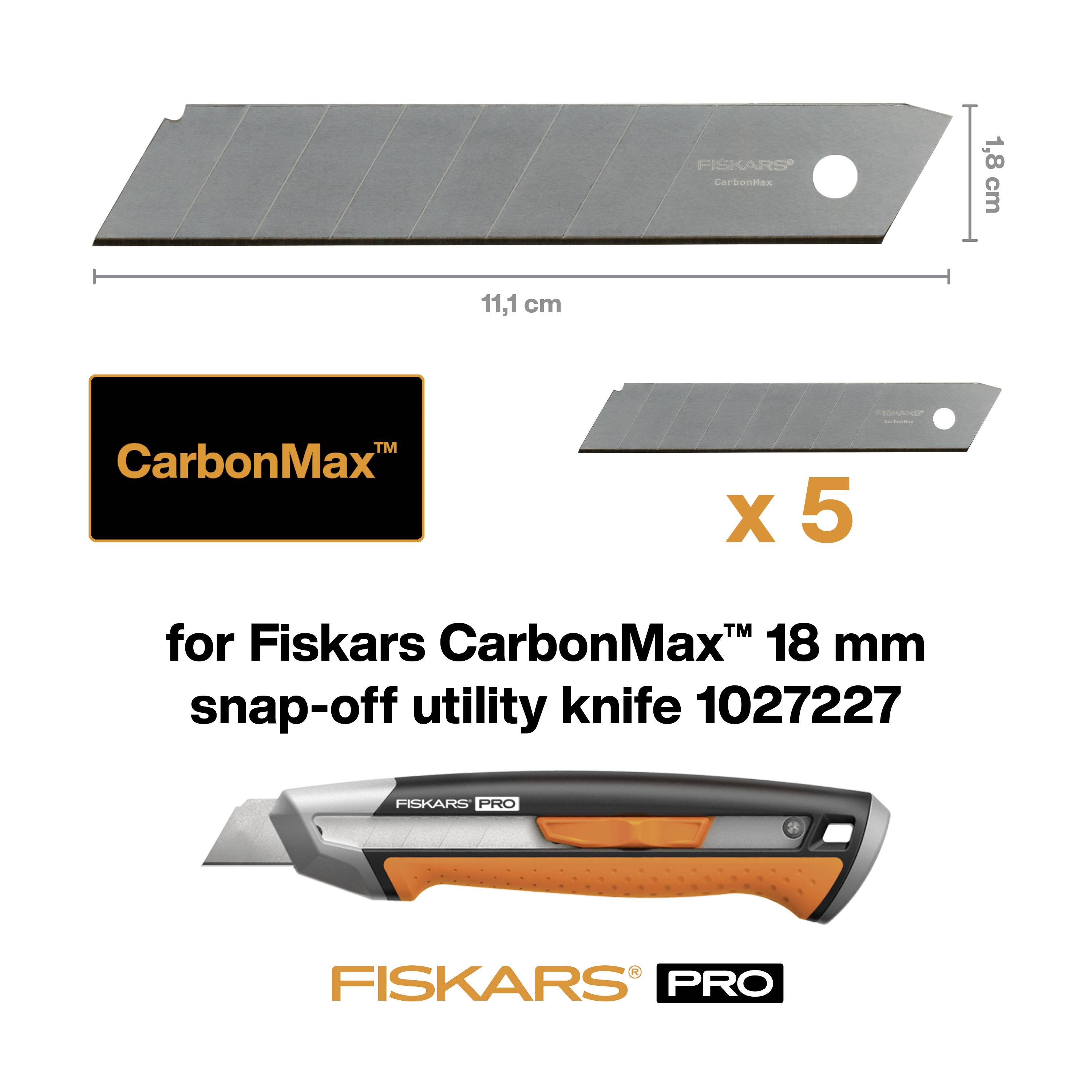 Náhradná sada čepelí pre Fiskars CarbonMax 18 mm odlamovací nôž, 5 kusov. Produktová ilustrácia zobrazuje čepeľ a rukoväť noža.