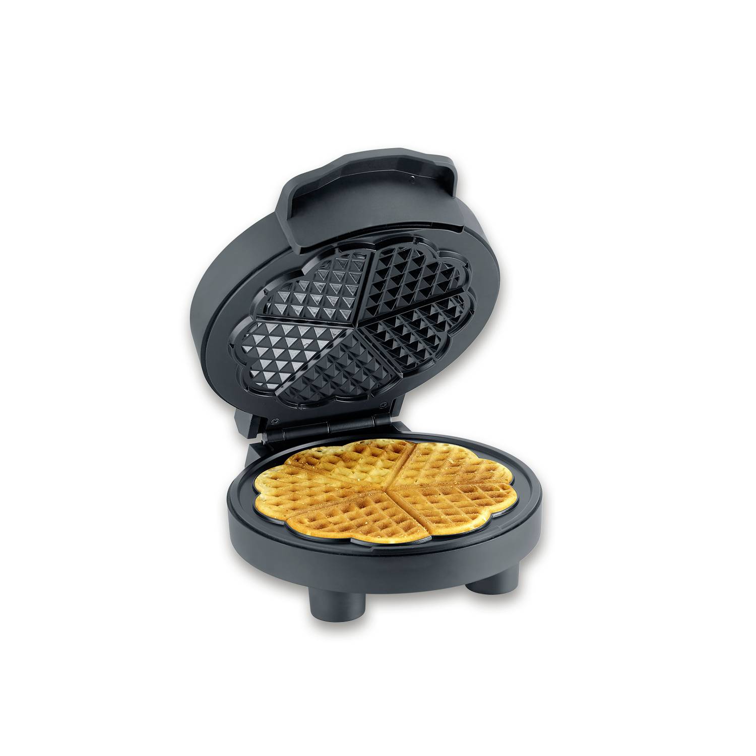 Waflová forma s otvorenou platňou, v ktorej je srdcovitá, zlatohnedá šišatá vafľa.