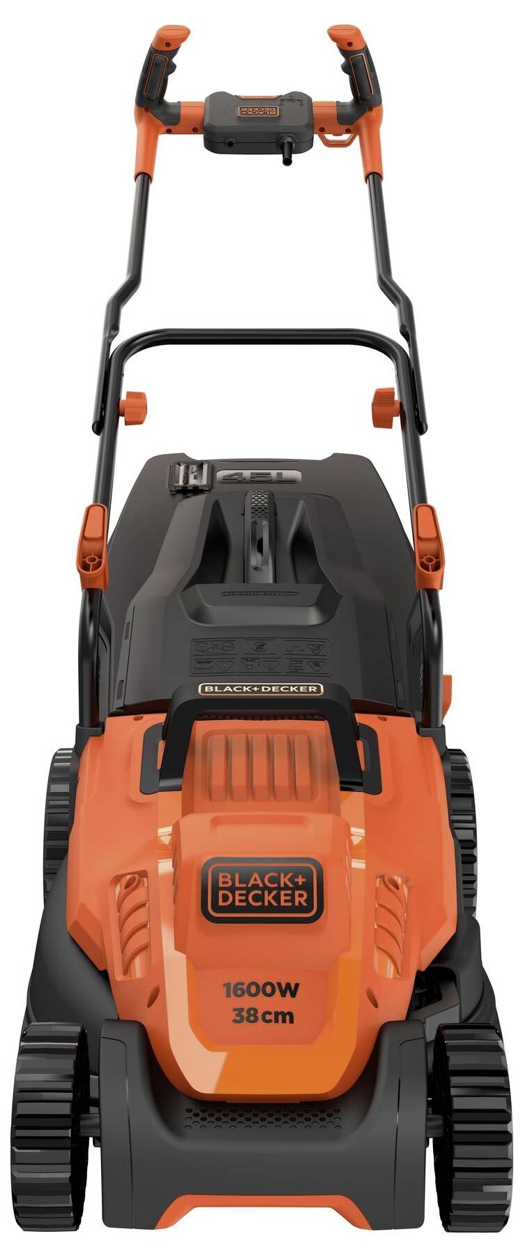 Kosačka spredu, v oranžovej a čiernej farbe. Značka 'Black+Decker', 1600W, šírka kosenia 38 cm, ergonomické rukoväte sú viditeľné.