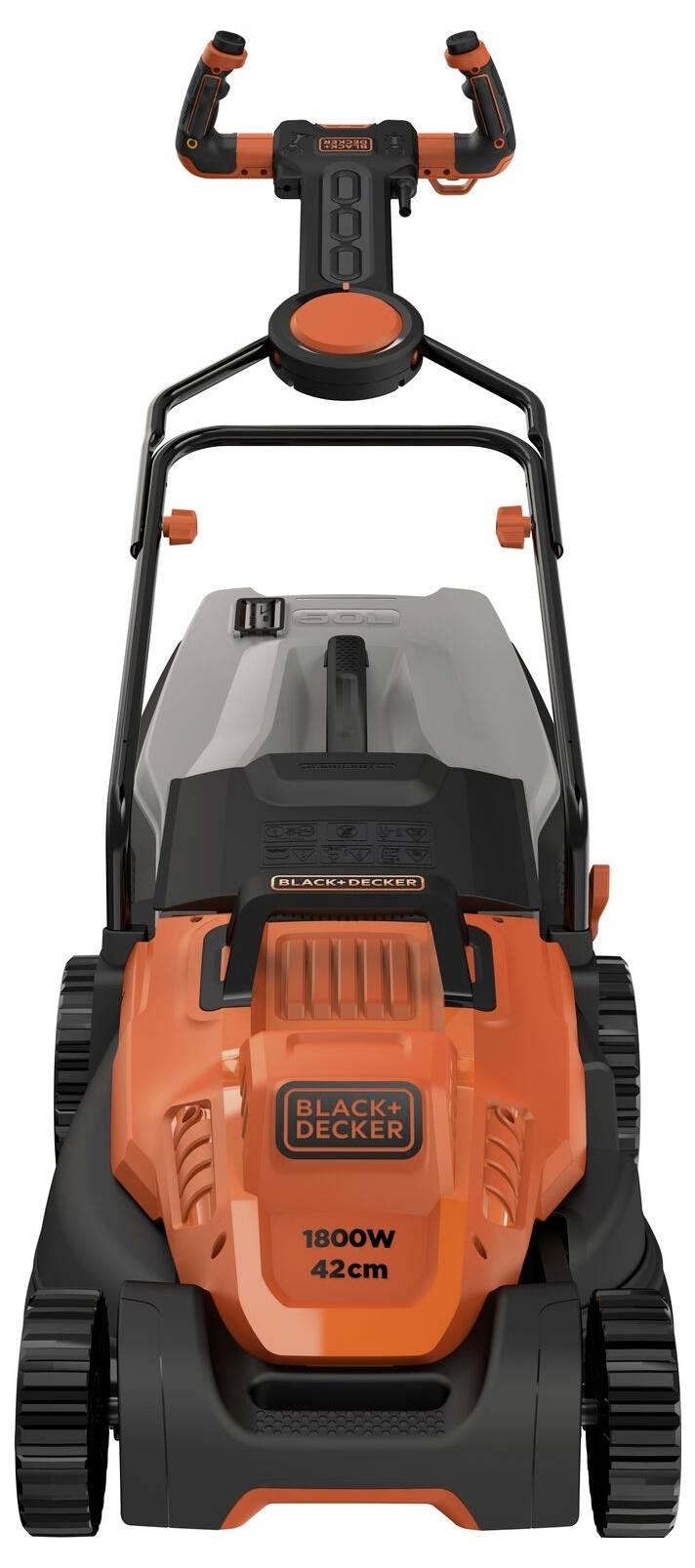 Čierny a oranžový elektrický kosačka od Black+Decker, 1800W, so šírkou záberu 42 cm, s ergonomickou rukoväťou.