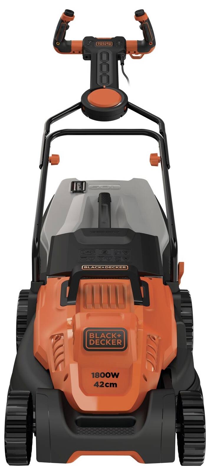 Oranžovo-čierny elektrický záhradný kosačka od Black & Decker s výkonom 1800W a šírkou záberu 42 cm, pohľad spredu na betónovej ploche.