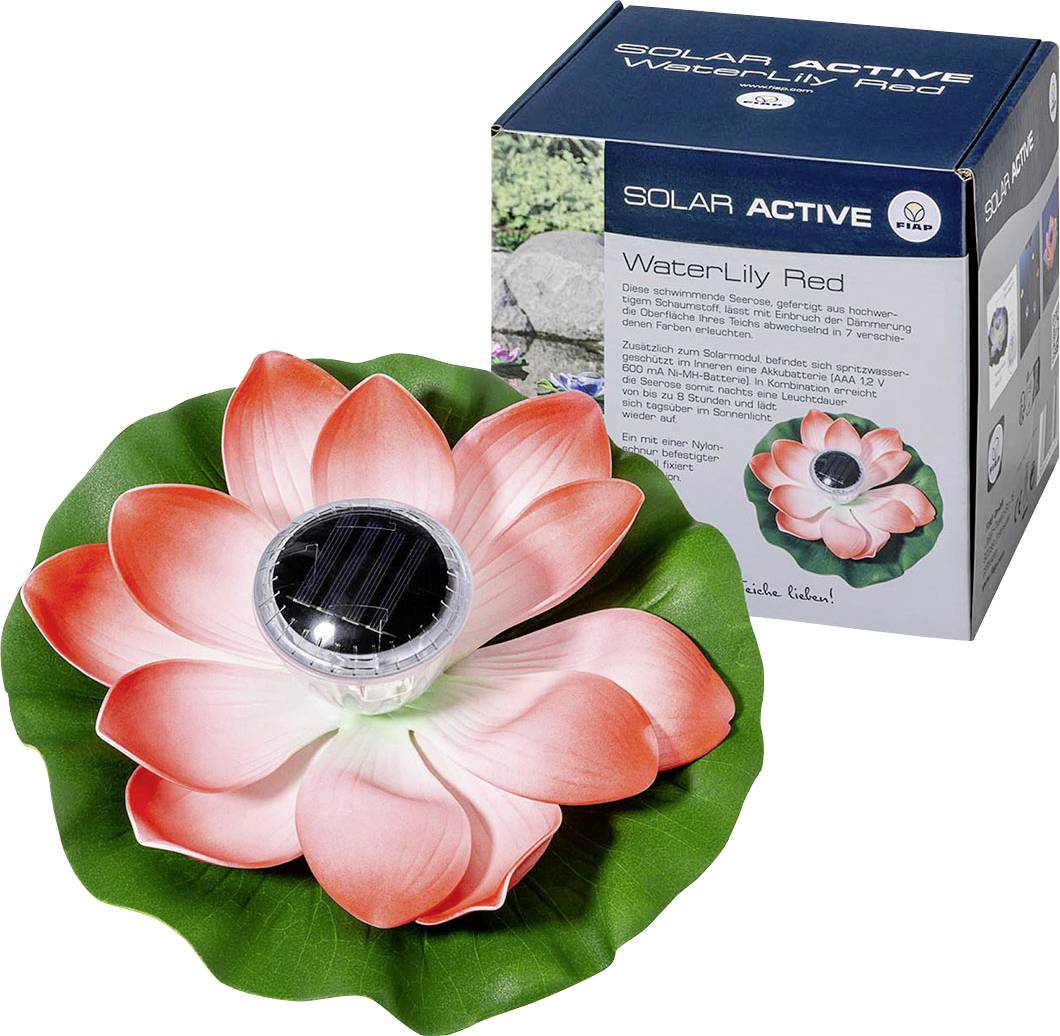 Solárna červená vodná ľalia so šošovkami, priloženým solárnym modulom a obalom. Obal zobrazuje popis produktu a obrázky prostredia.