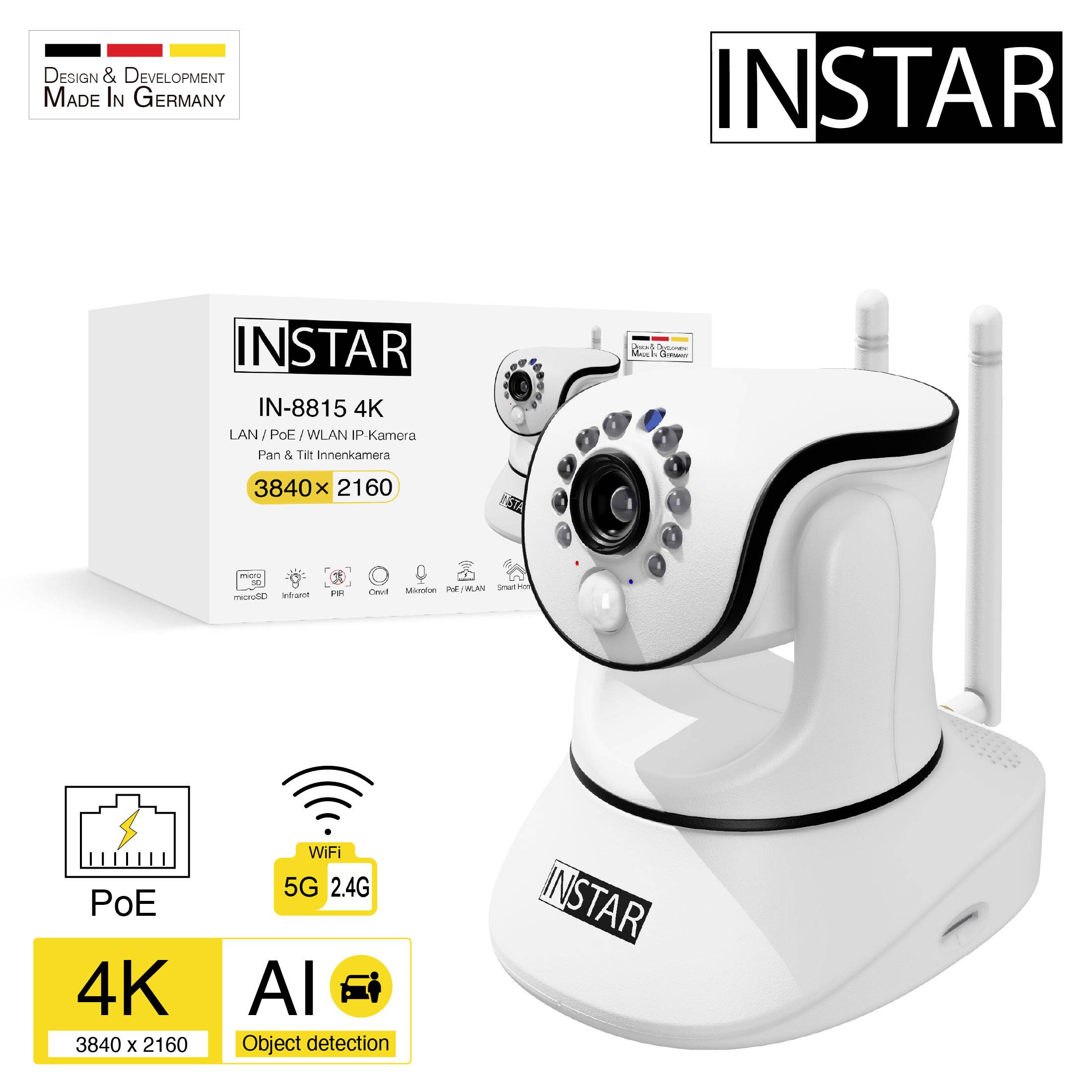 IP-kamera 'IN-8815 4K' od INSTAR, zobrazuje 4K rozlíšenie (3840x2160), PoE, WLAN 5G, AVAI. Balenie v pozadí s logom 'Made in Germany'.
