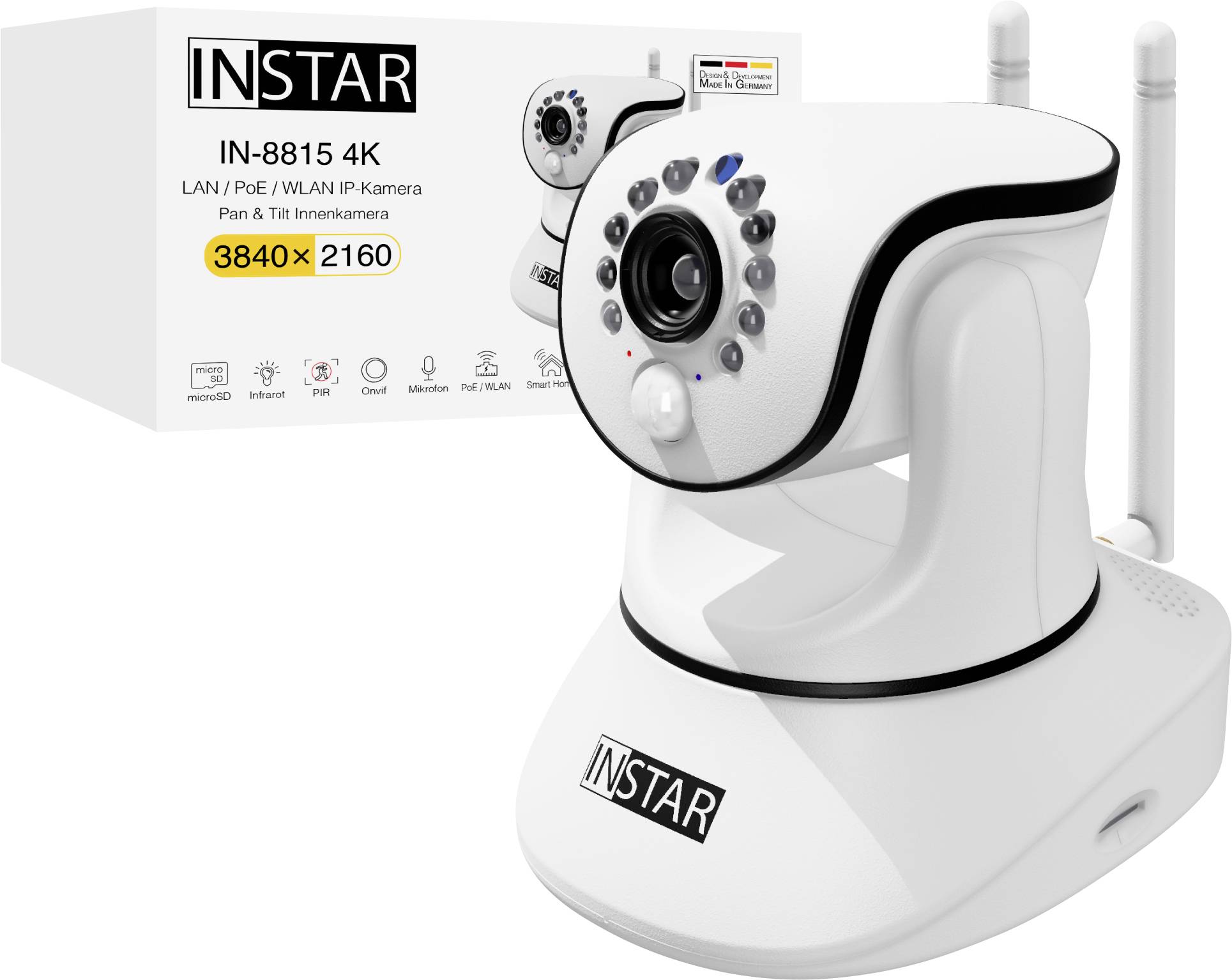 Biela bezpečnostná kamera s anténami, vedľa nej balenie s nápisom 'INSTAR IN-8815 4K Pan & Tilt Innenkamera'.