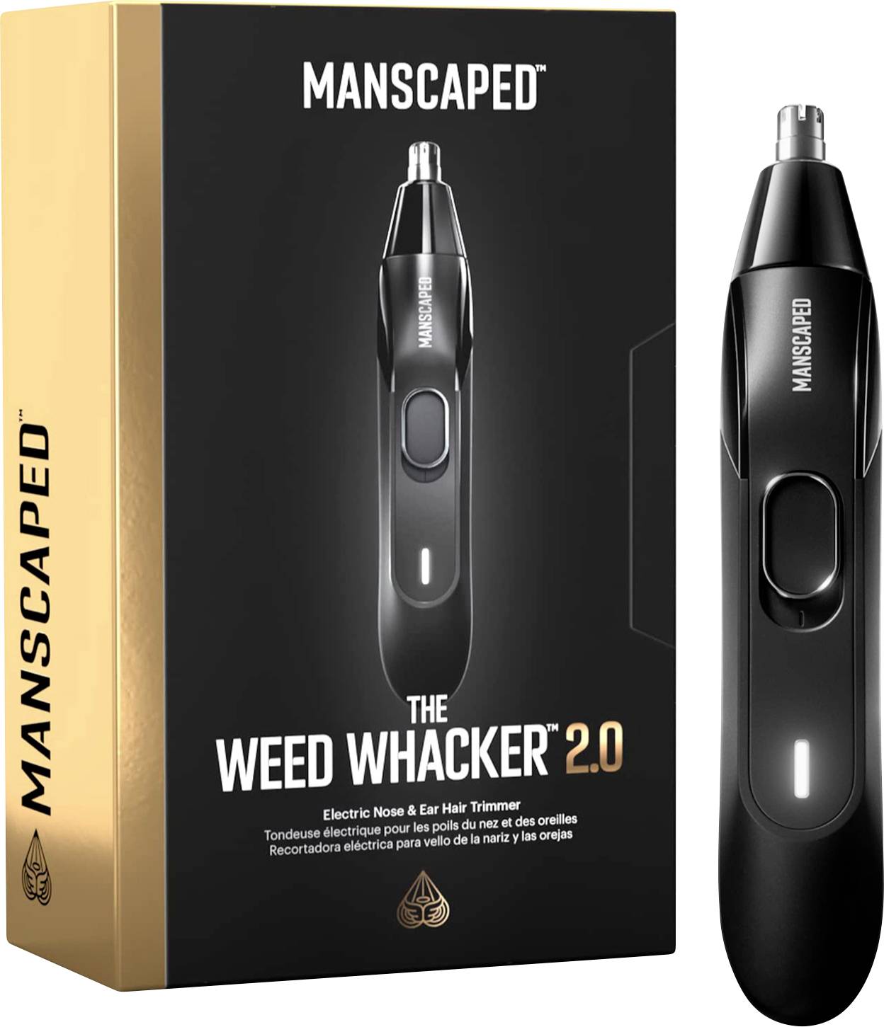 Elektrický zastrihávač chĺpkov v nose a ušiach Manscaped The Weed Whacker 2.0 v čierno-striebornom dizajne, umiestnený vedľa svojej maloobchodnej krabičky.