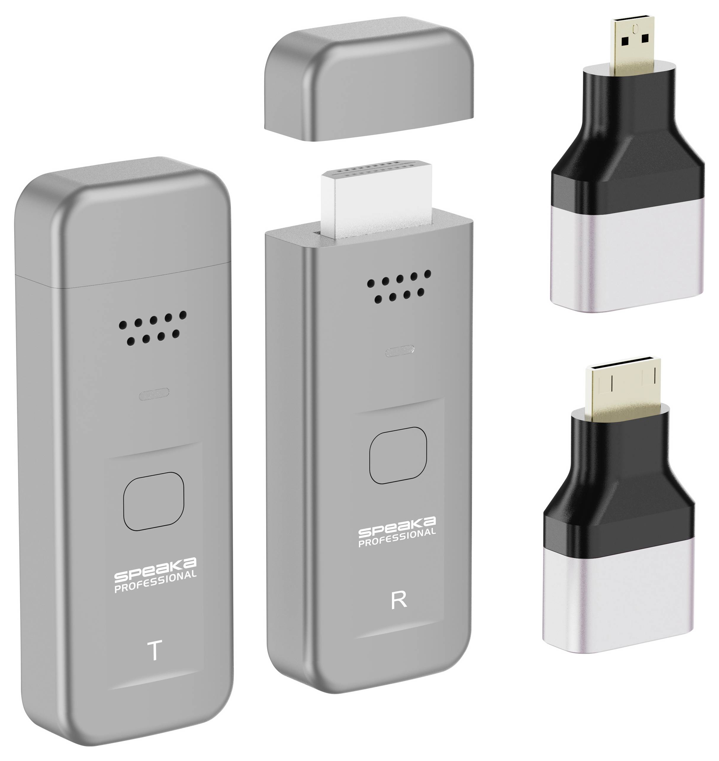 Obrázok zobrazujúci dva bezdrôtové vysielače a prijímače Speak2 Professional s odkrytými konektormi, spolu s dvoma USB adaptérmi.