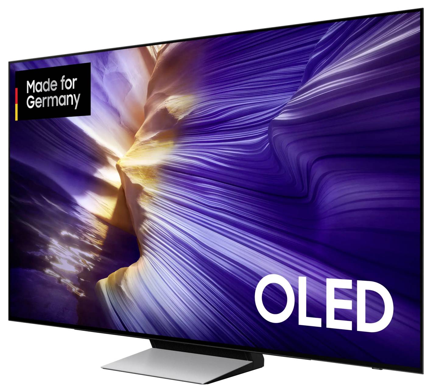 OLED televízor so zobrazenou farebnou obrazovkou a nápisom 'Made for Germany'. Propagovaný vysokokvalitný displej.