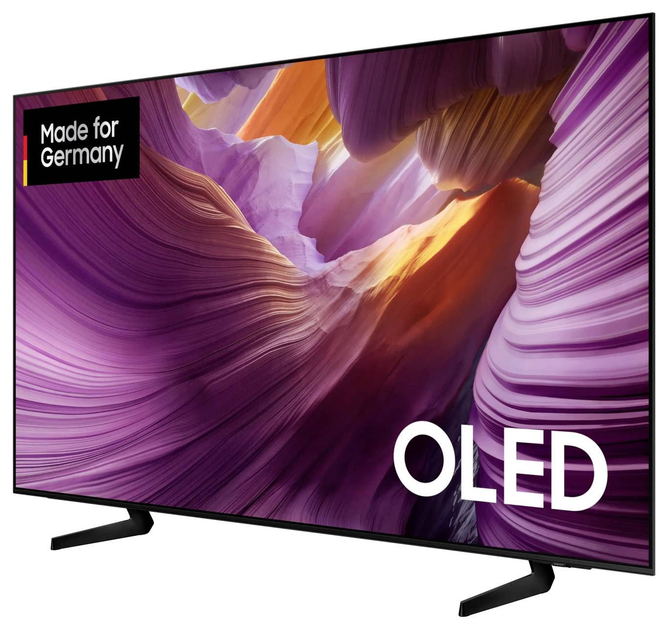 OLED televízor so živými farbami na obrazovke, štítok 'Made for Germany'. Obrazovka zobrazuje abstraktné, vlnovité tvary.