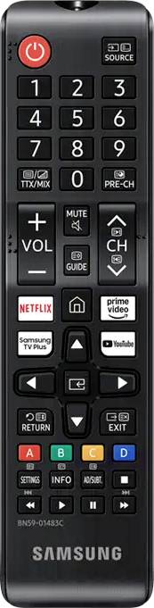 Diaľkové ovládanie Samsung s červeným tlačidlom 'Power', číslami 0-9, tlačidlami hlasitosti a kanálov, ako aj rýchlou voľbou pre Netflix, Prime Video a YouTube.