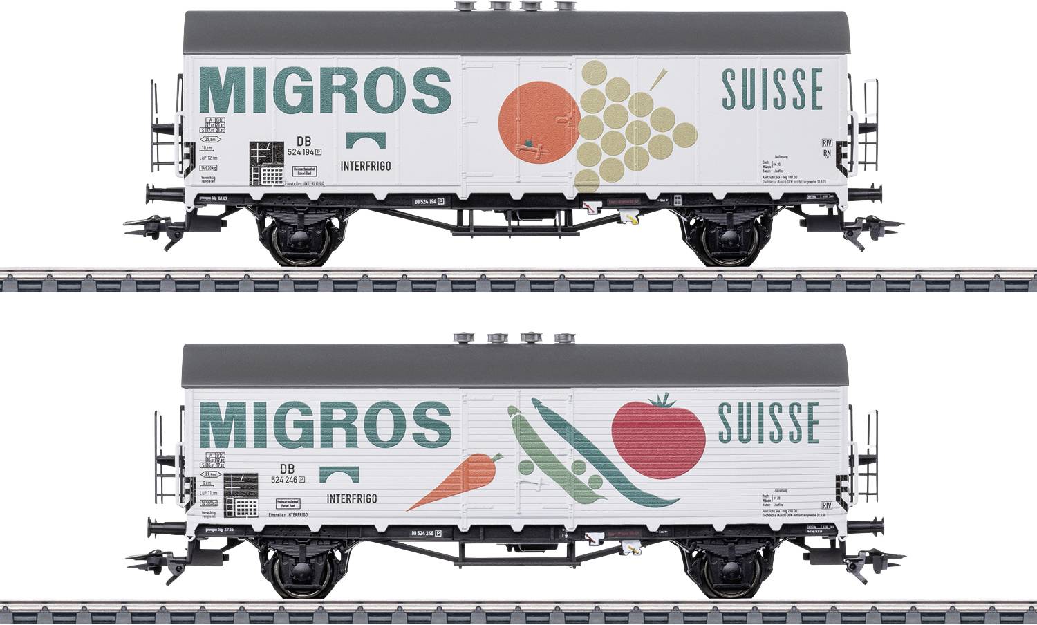 Dva chladiace vozne označené 'Migros' a 'Suisse'. Hore: Hrozno a jablko. Dole: Paradajka a hrach. Preprava potravín.