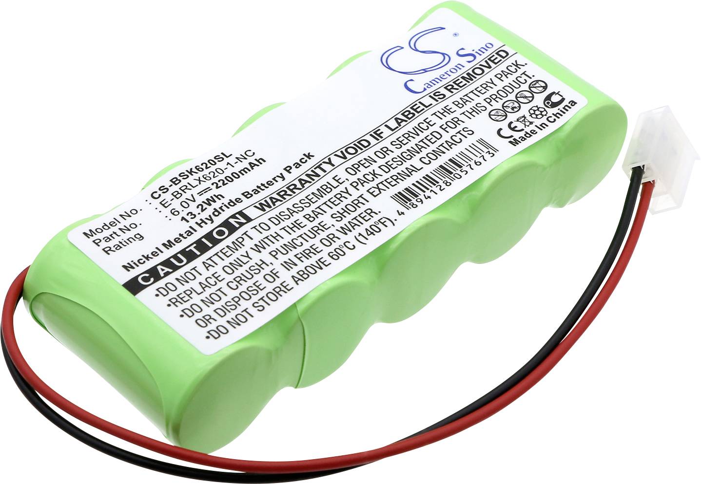 Zelená batéria s 9,6V a 2000mAh, pripojovací kábel so zástrčkovým spojením, varovania: Žiadna demontáž alebo nesprávne použitie.
