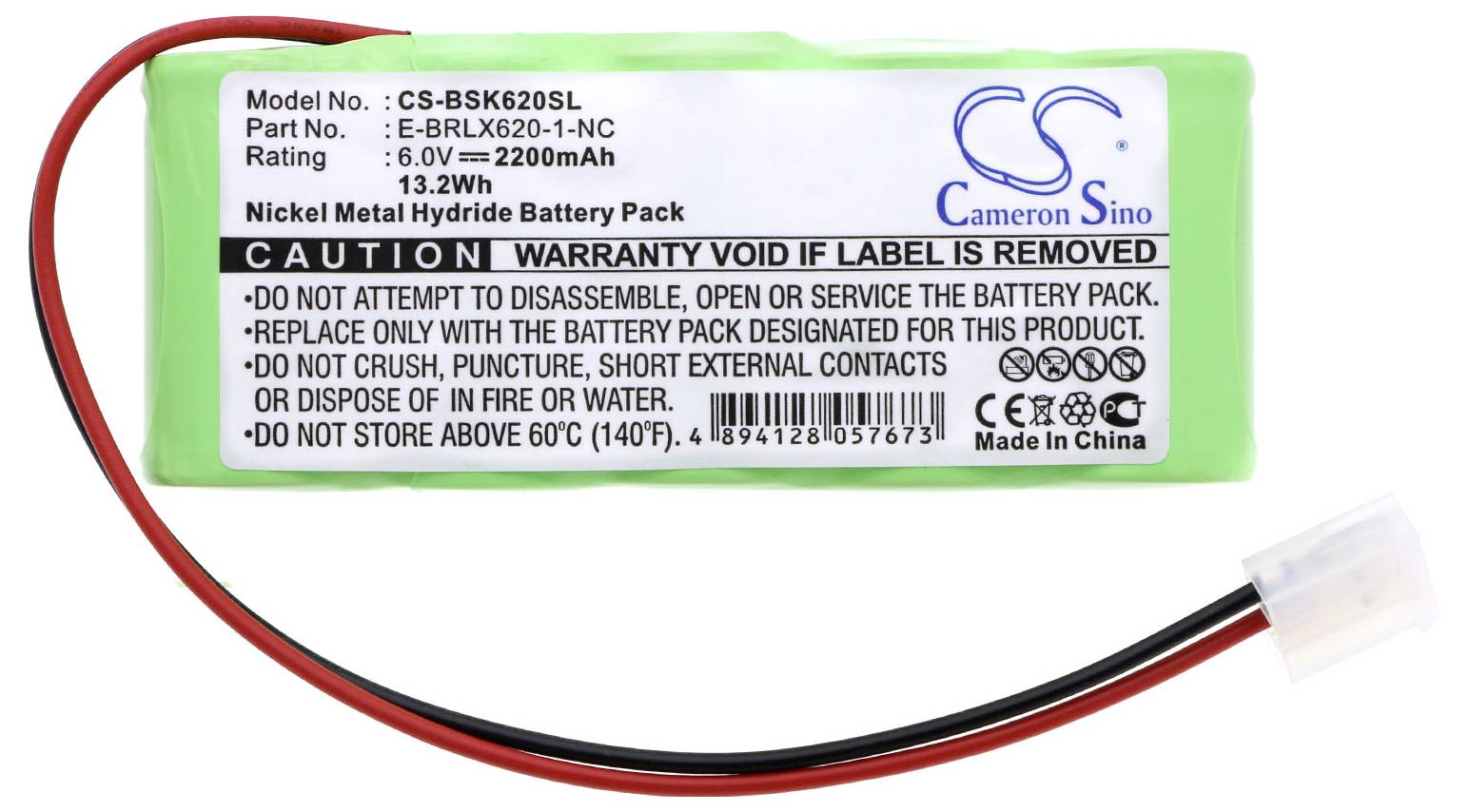 Nikel-metalhydridový akumulátorový balík, Model: CS-BSK620SL, 6,0V, 2200mAh, s upozorneniami na bezpečné používanie a likvidáciu.