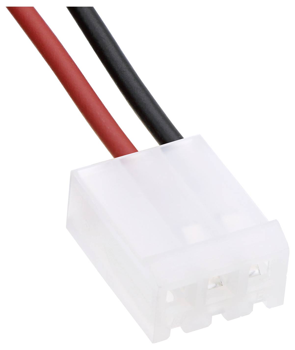 Biely trojpólový elektrický konektor s červenými a čiernymi káblami, typicky používaný pre počítačové zdroje napájania.