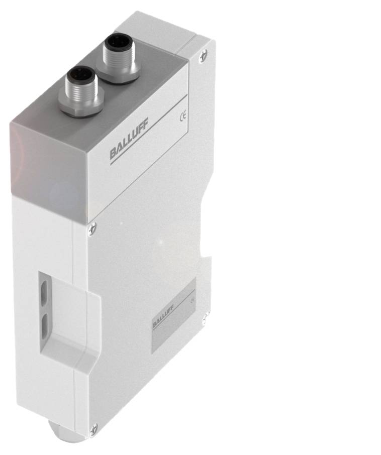 Obdĺžnikové, sivé senzorové zariadenie s dvoma káblovými pripojeniami na vrchu, značka Balluff.